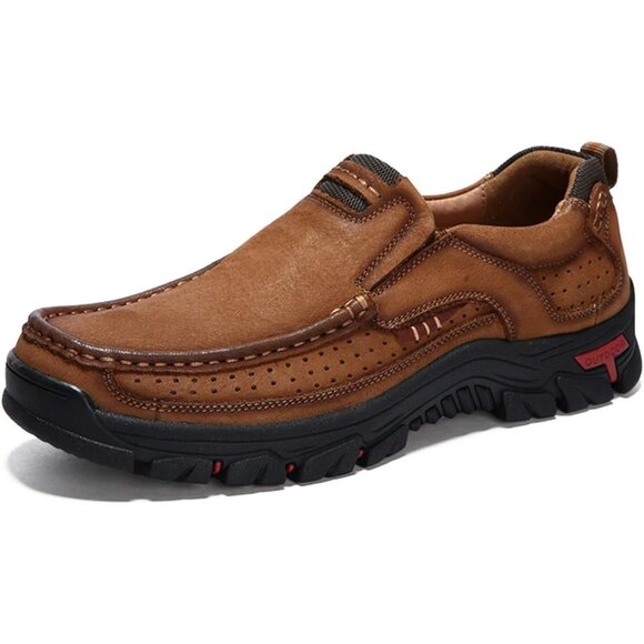 Men's Brown Slip-on Hiking Shoes Leather Casual Outdoor Walking Sneaker - Picture 1 of 8
